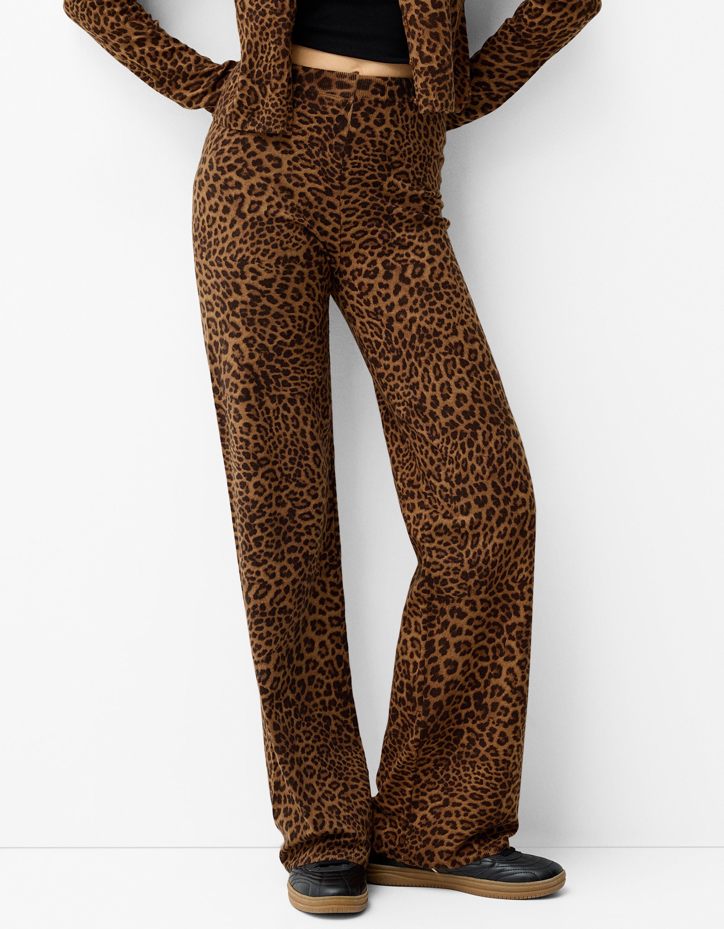 Bershka Hose Straight-Leg Animalprint Damen L Braun