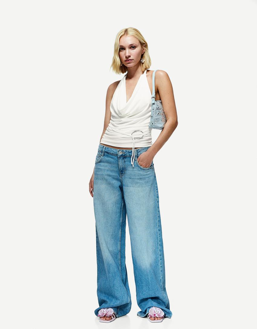 Asymmetric draped top with ring detail-Cream-2