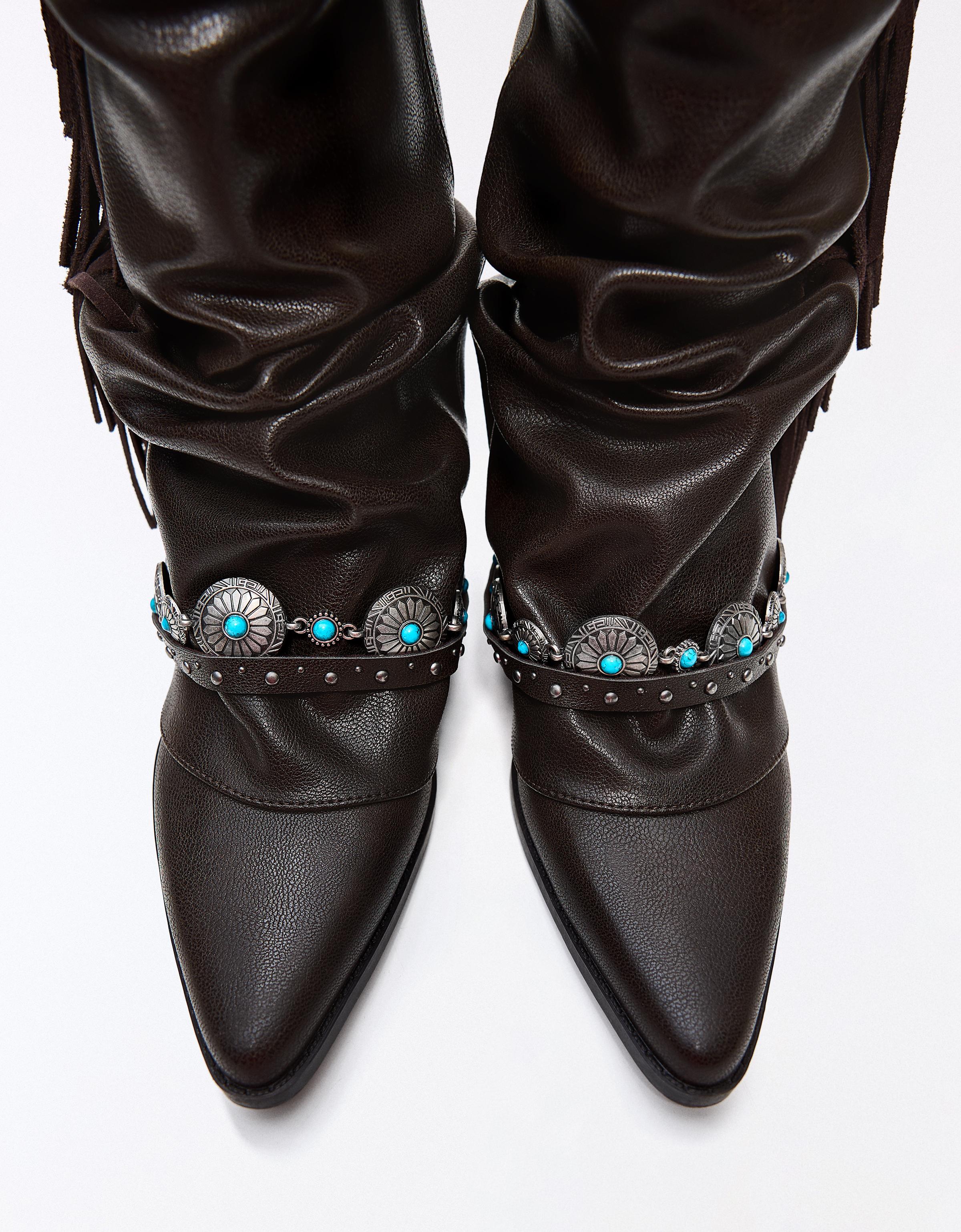 Fringed cowboy heel boots — Brown