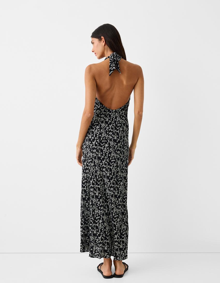 فستان طويل كريب بياقة هالتر وطبعة-أبيض / أسود-2