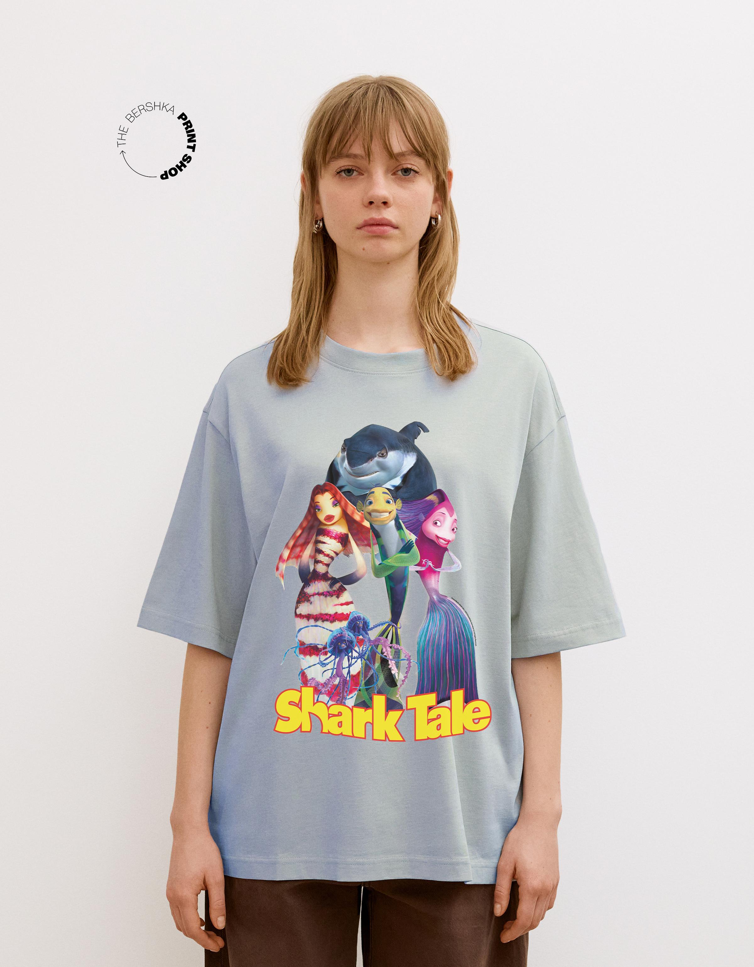 Bershka Shark Tale T-Shirt Mit Kurzen Ärmeln Damen Xs Ausgewaschenes Blau