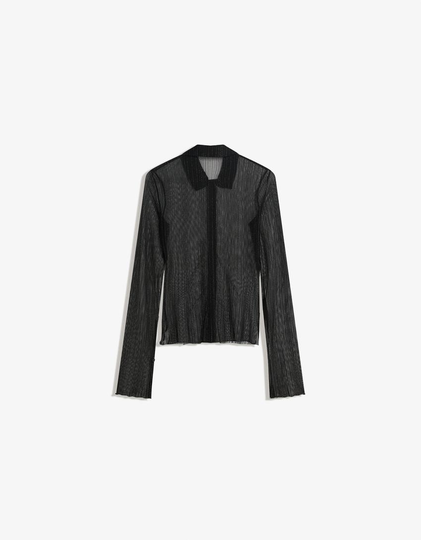 Long-sleeve tulle T-shirt with rhinestones-Black