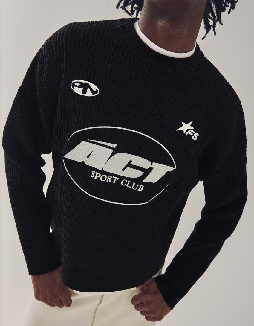 Pull col rond en chenille imprimé-Noir