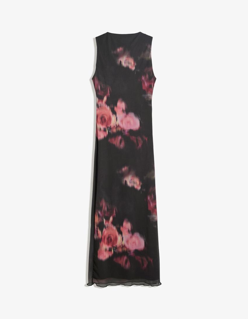 Printed tulle midi dress-Black