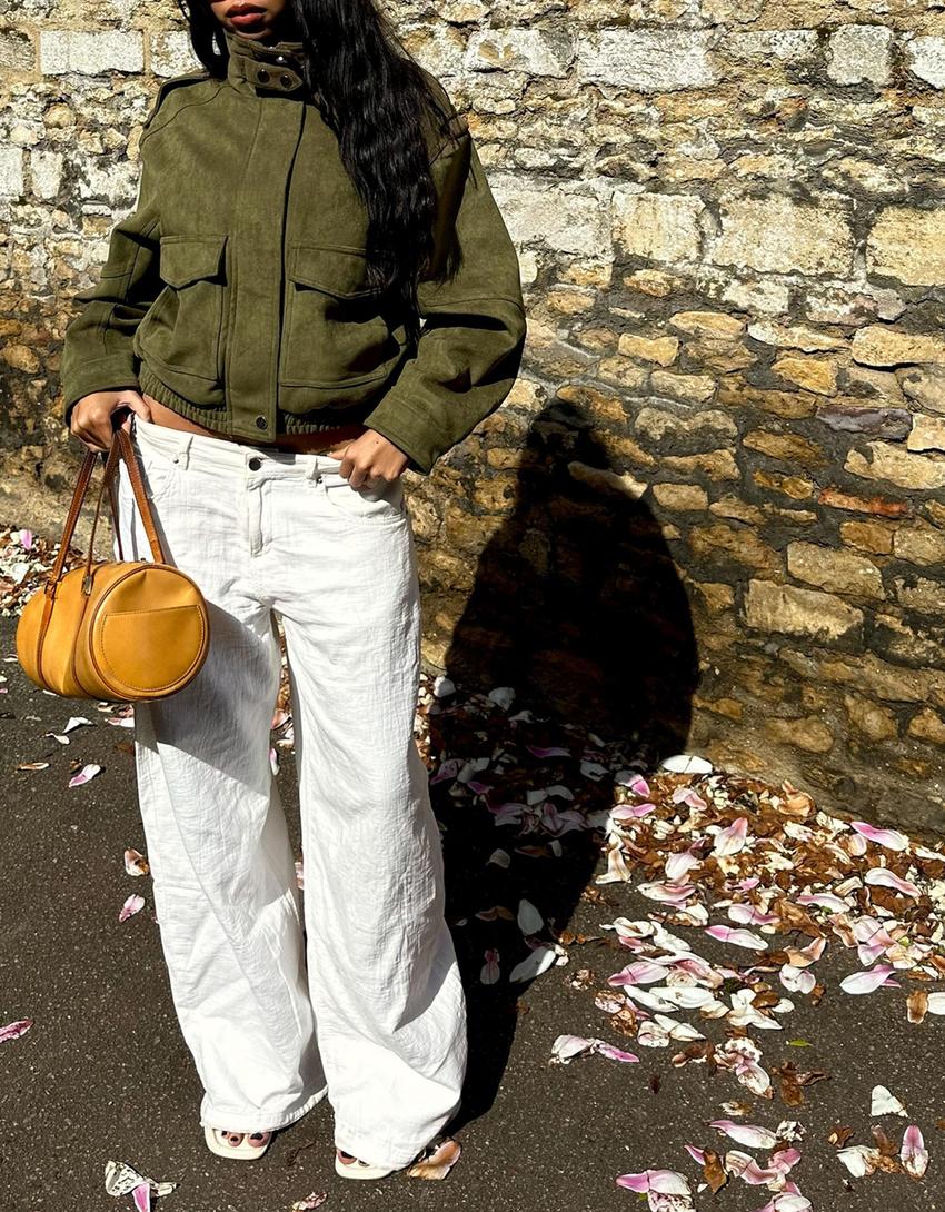 Düşük bel geniş paça balloon fit jean-Krem