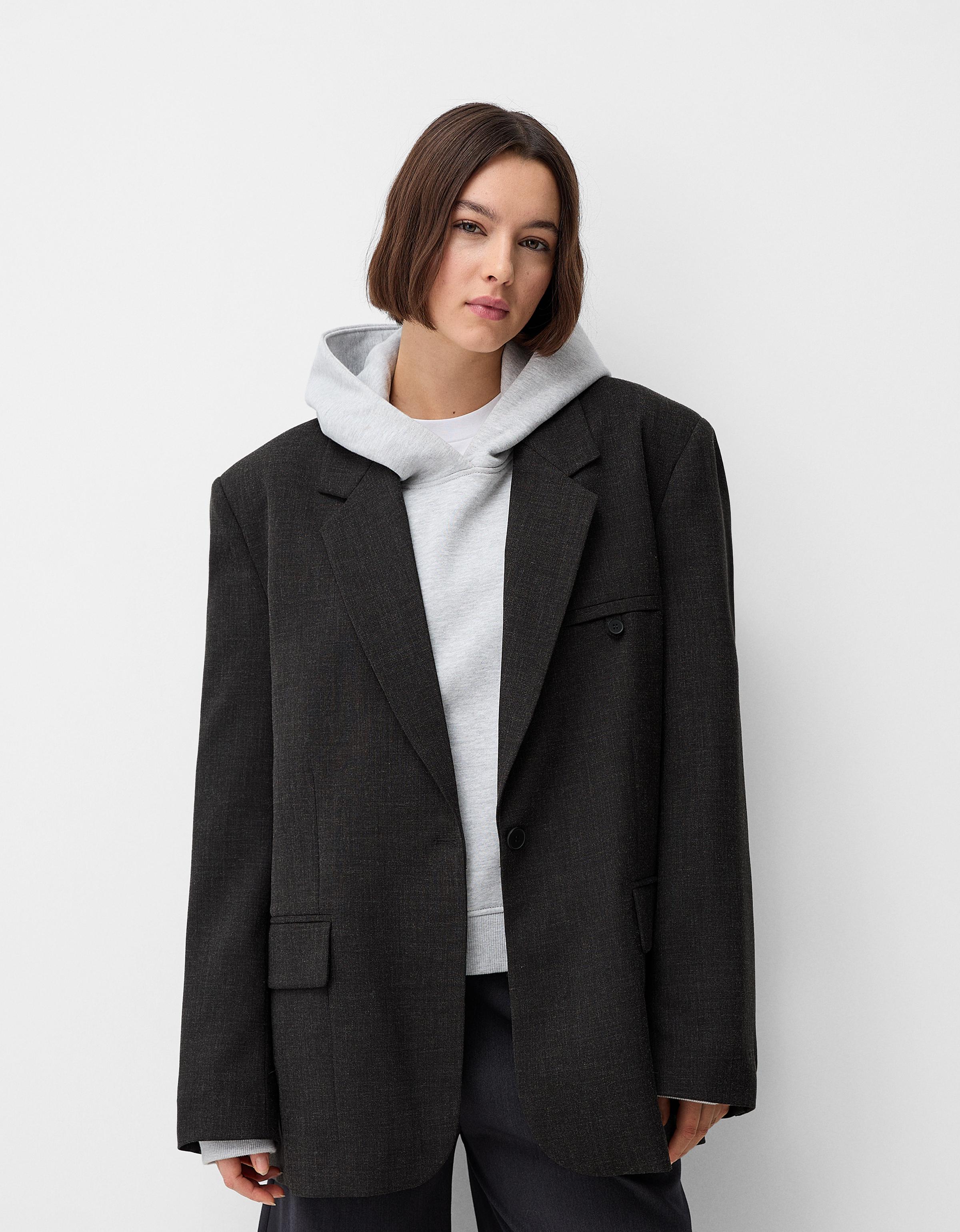 Bershka Melierter Oversize-Blazer Damen M Dunkelgrau