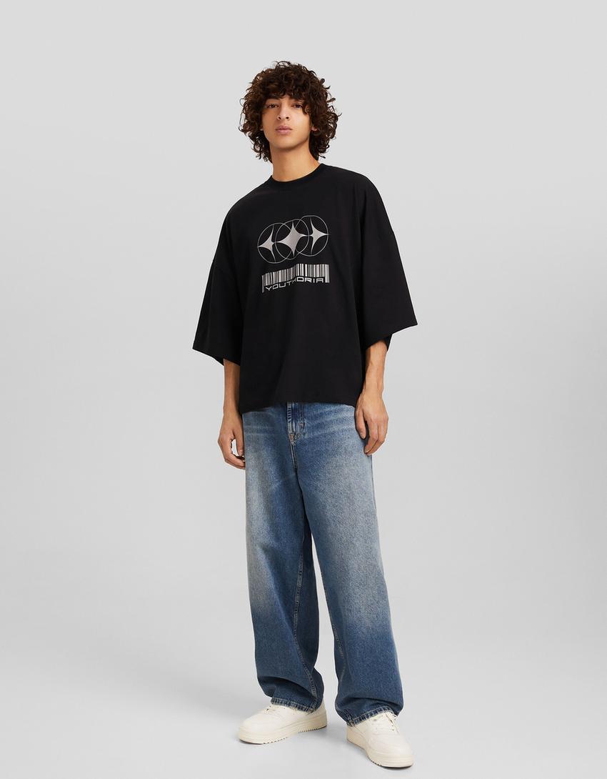 Printed short sleeve oversize T-shirt-Black-3
