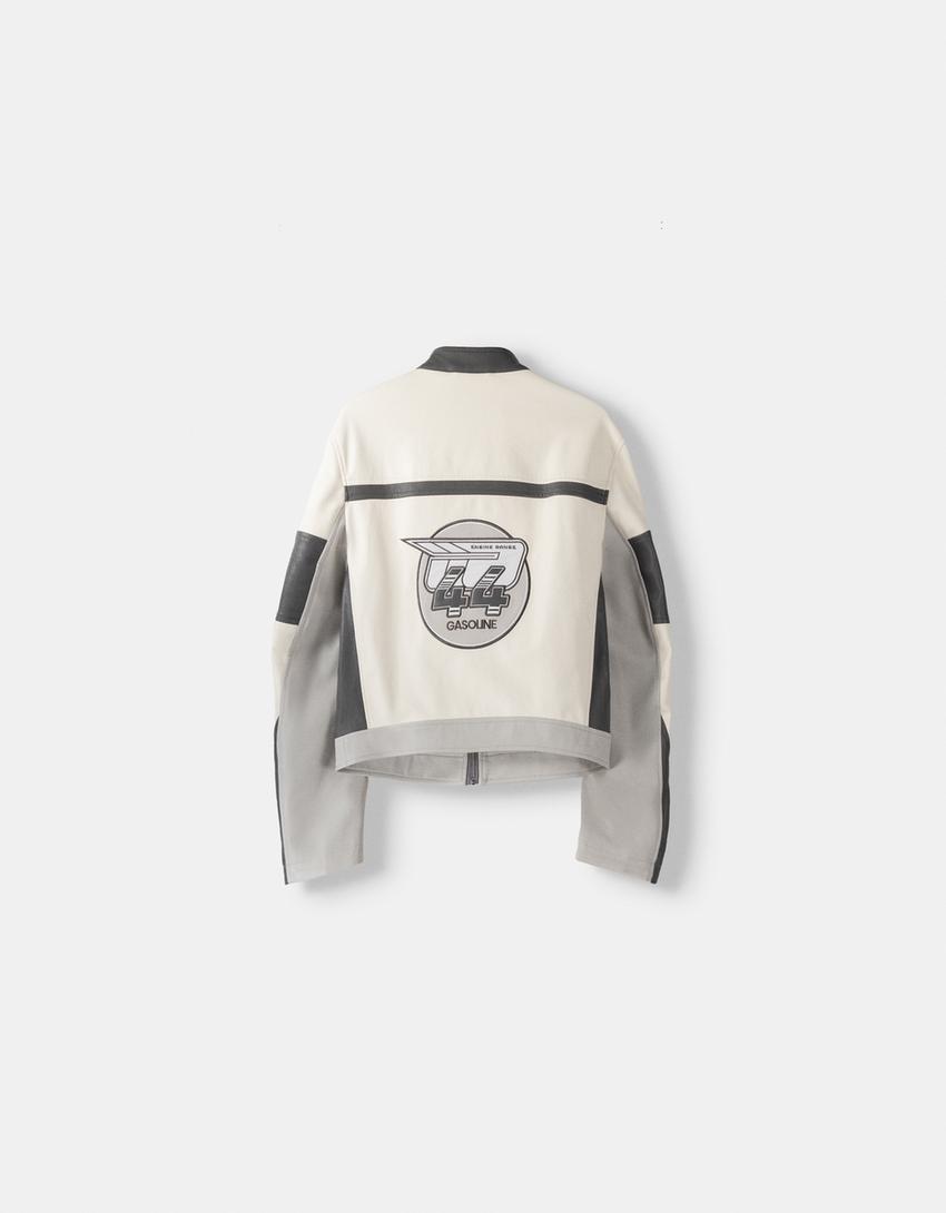 Leather effect embroidered racing jacket-Grey
