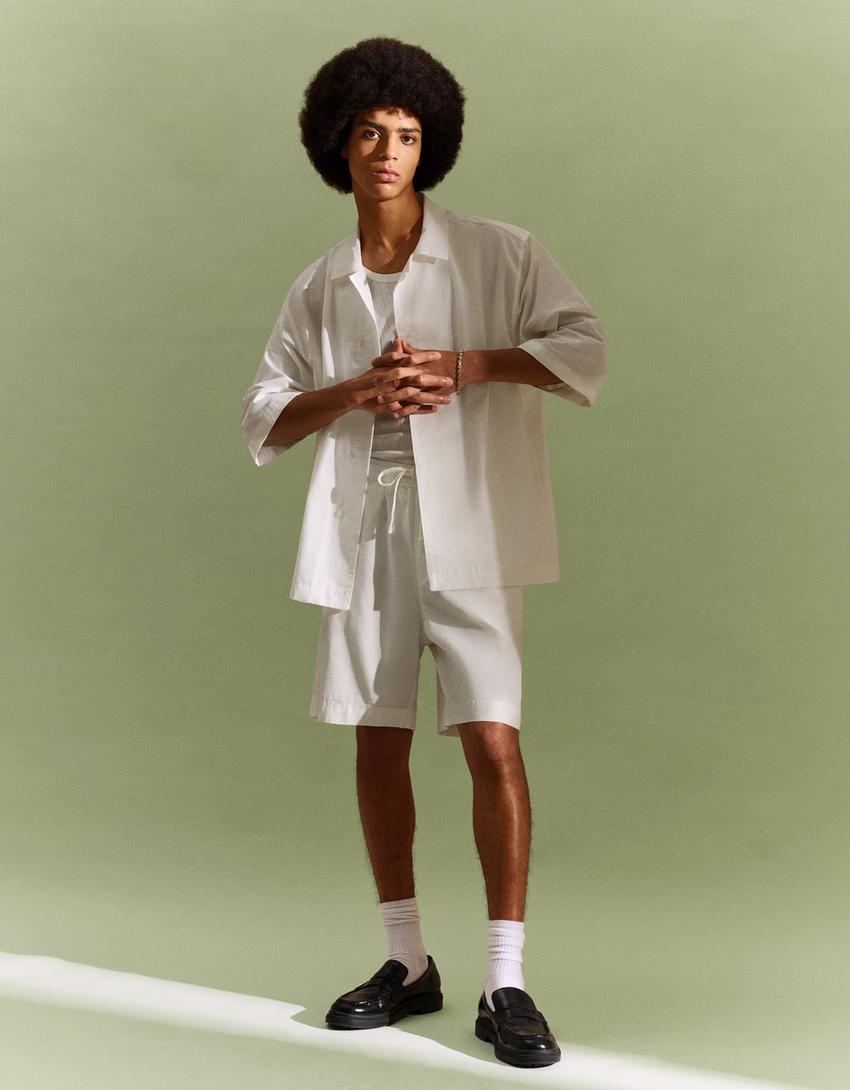 Chemise cache-cœur manches courtes-Blanc cassé-3