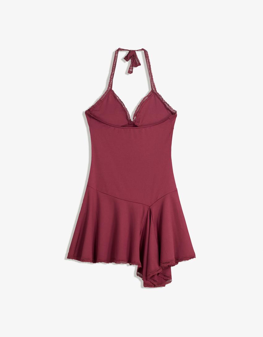 Strappy lace mini dress-Burgundy-5