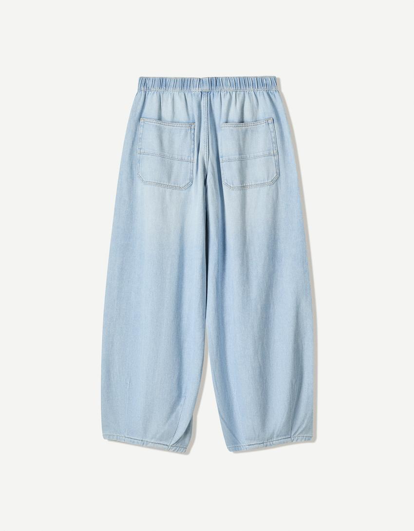 Barrel-Jeans mit Gummibund-Ausgewaschenes Blau-4