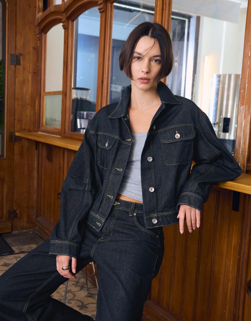 Balloon cropped denim jacket-Navy