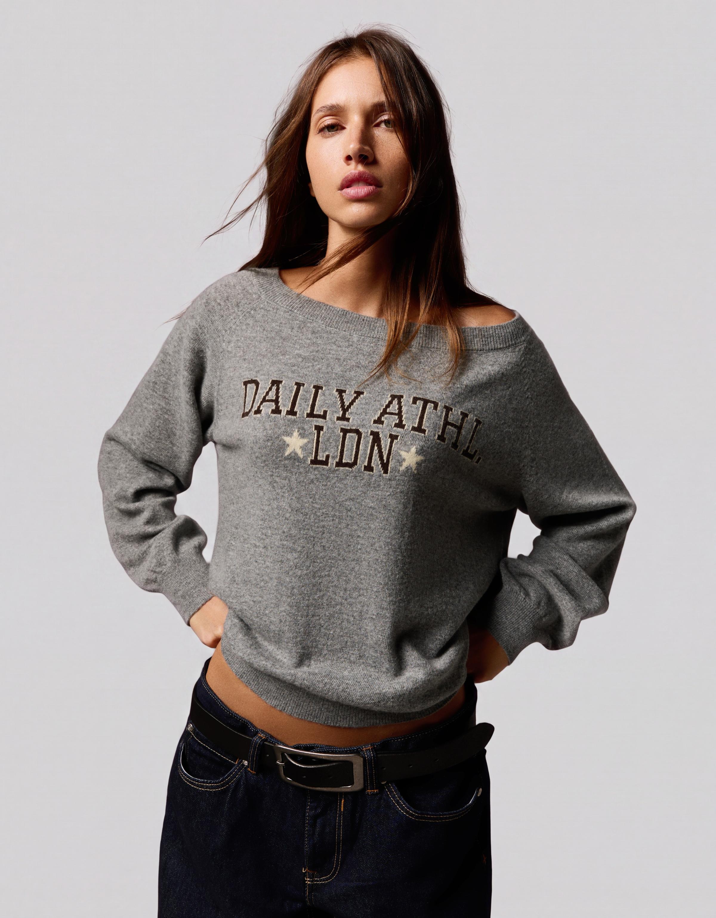 Graphic boat neck jumper — Grey