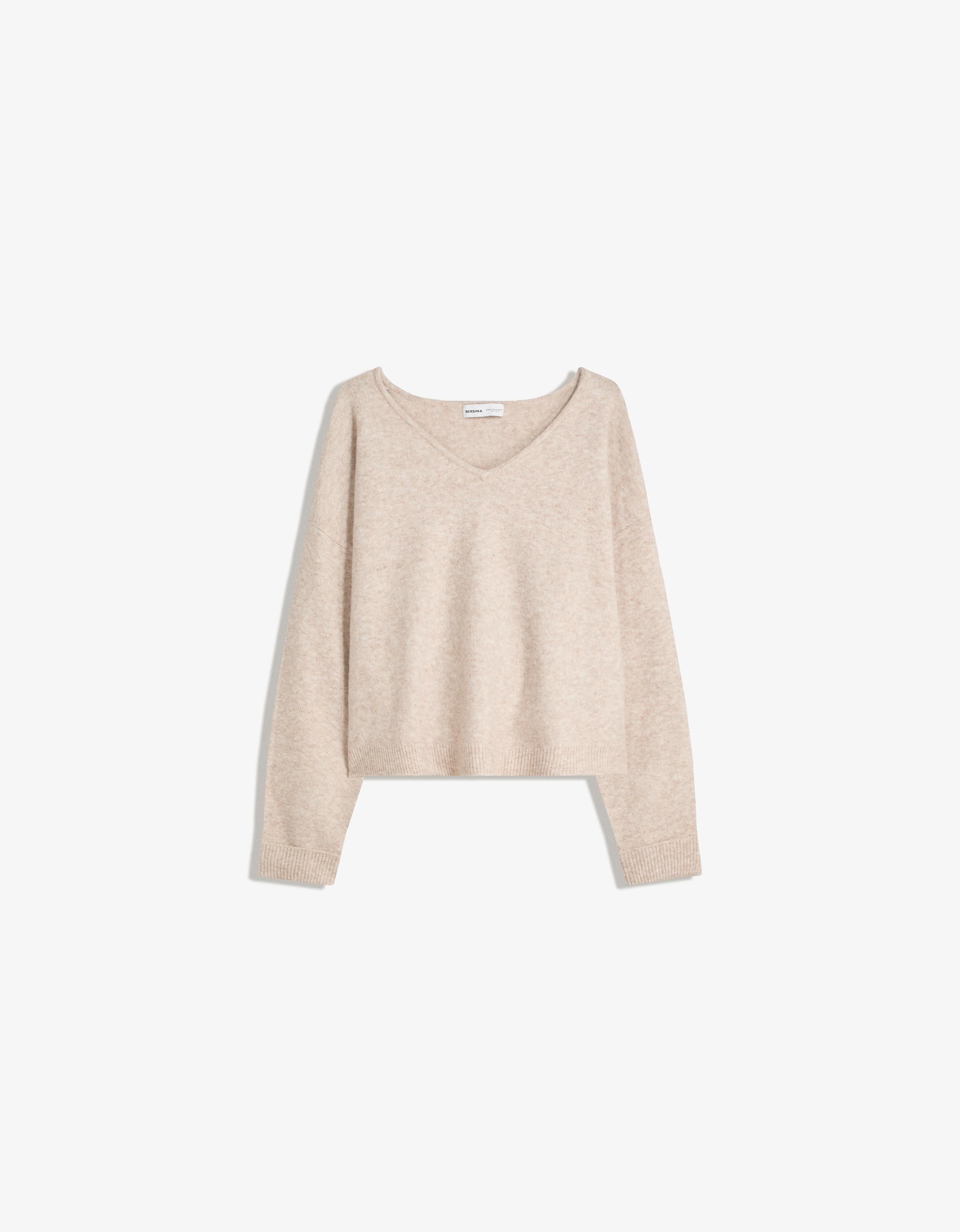 Bershka Soft-Touch-Pullover Mit V-Ausschnitt Damen S Sandfarbe