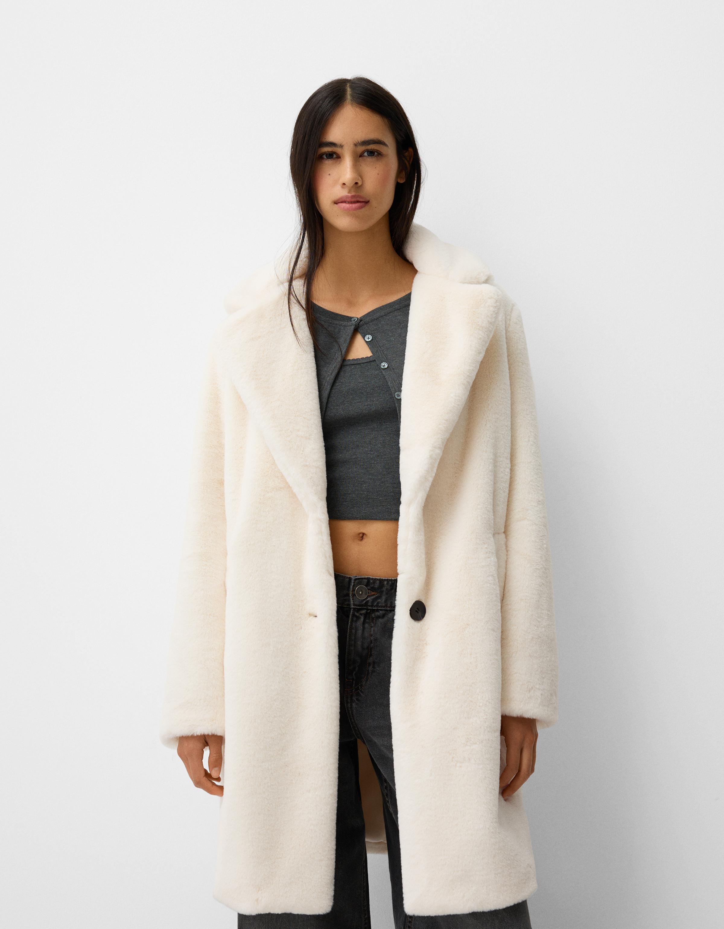 Bershka Mantel Aus Kunstfell Damen Xs Rohweiß