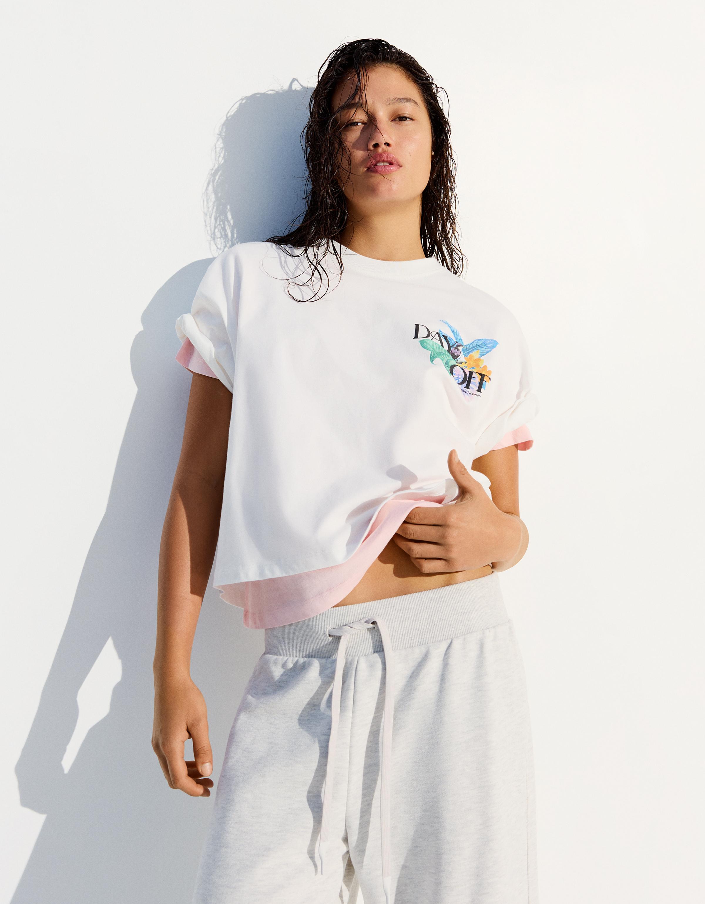 Camiseta Manga Corta Oversize Print Mujer Xs Blanco Roto