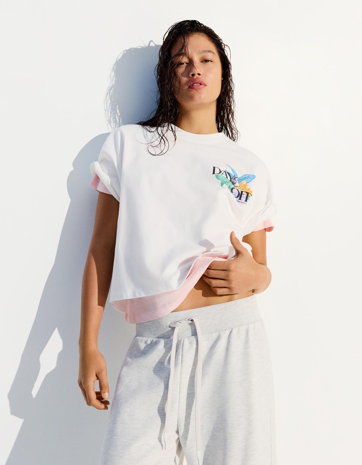 Bershka Maglietta Maniche Corte Oversize Stampa Donna M Bianco Roto