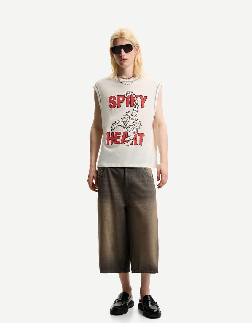 T-shirt sans manches slub effect imprimé