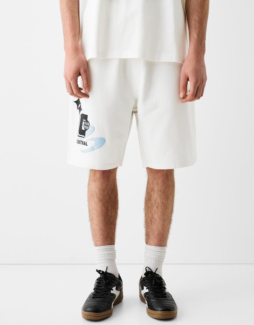 Relaxed fit plush printed Bermuda shorts-White-1