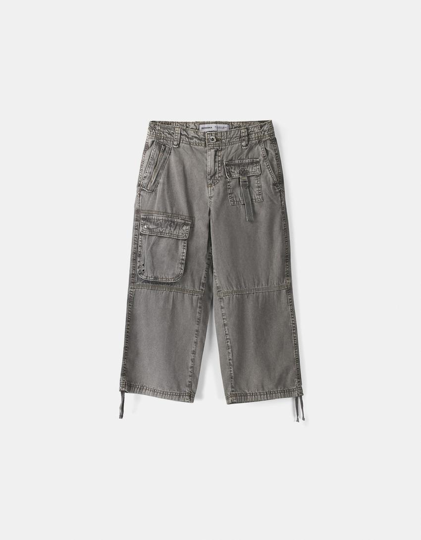 بنطال كابري كارغو قطني-رمادي داكن-5