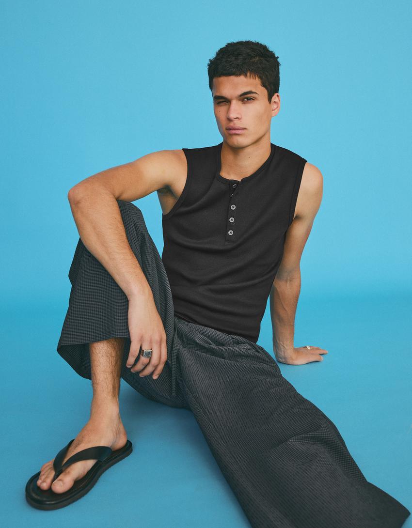 Worker slim fit henley T-shirt-Black