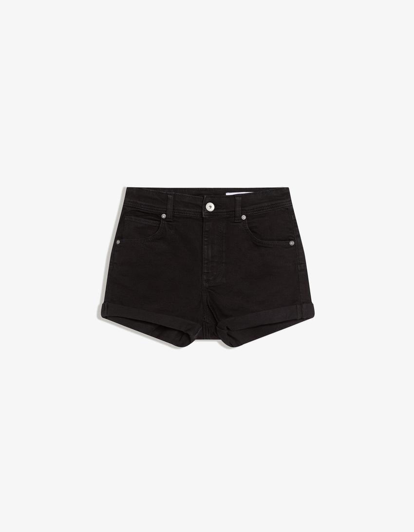 Denim roll-up shorts-Black