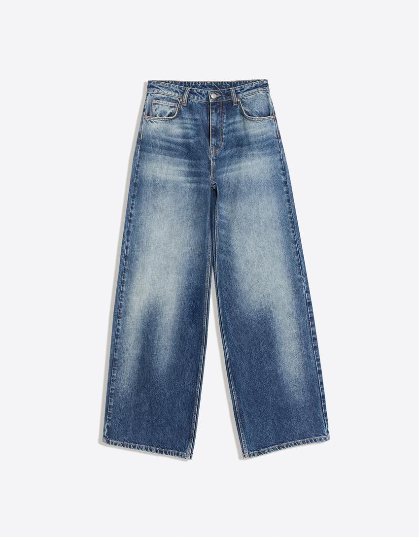 Vintage yıkamalı yüksek bel wide leg jean-Mavi