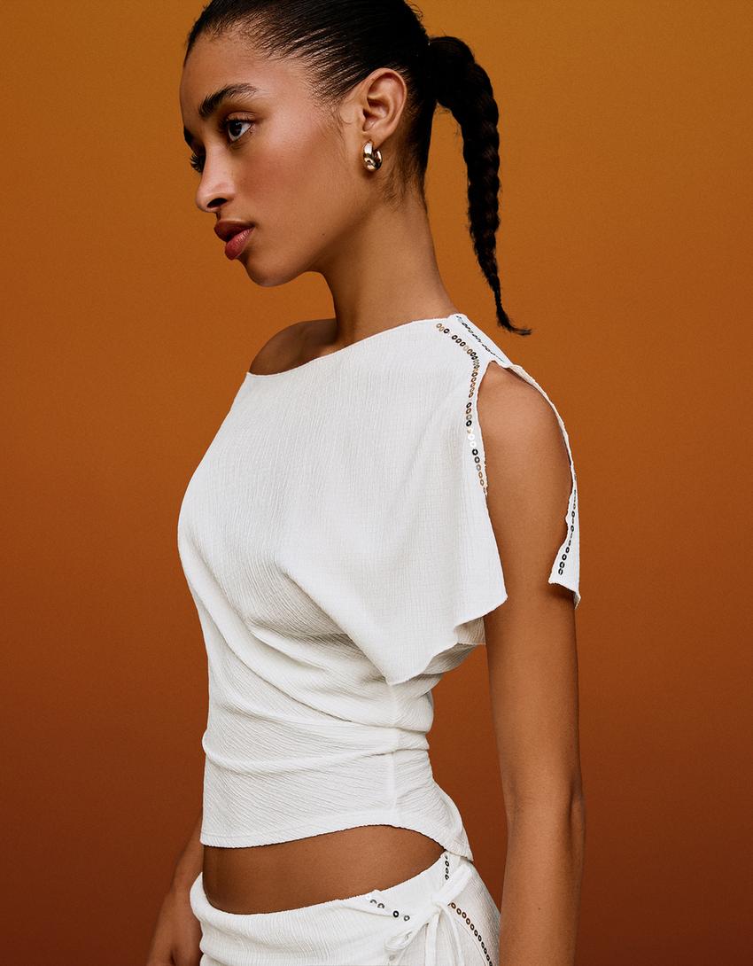 Asymmetric rustic short sleeve T-shirt-Cream