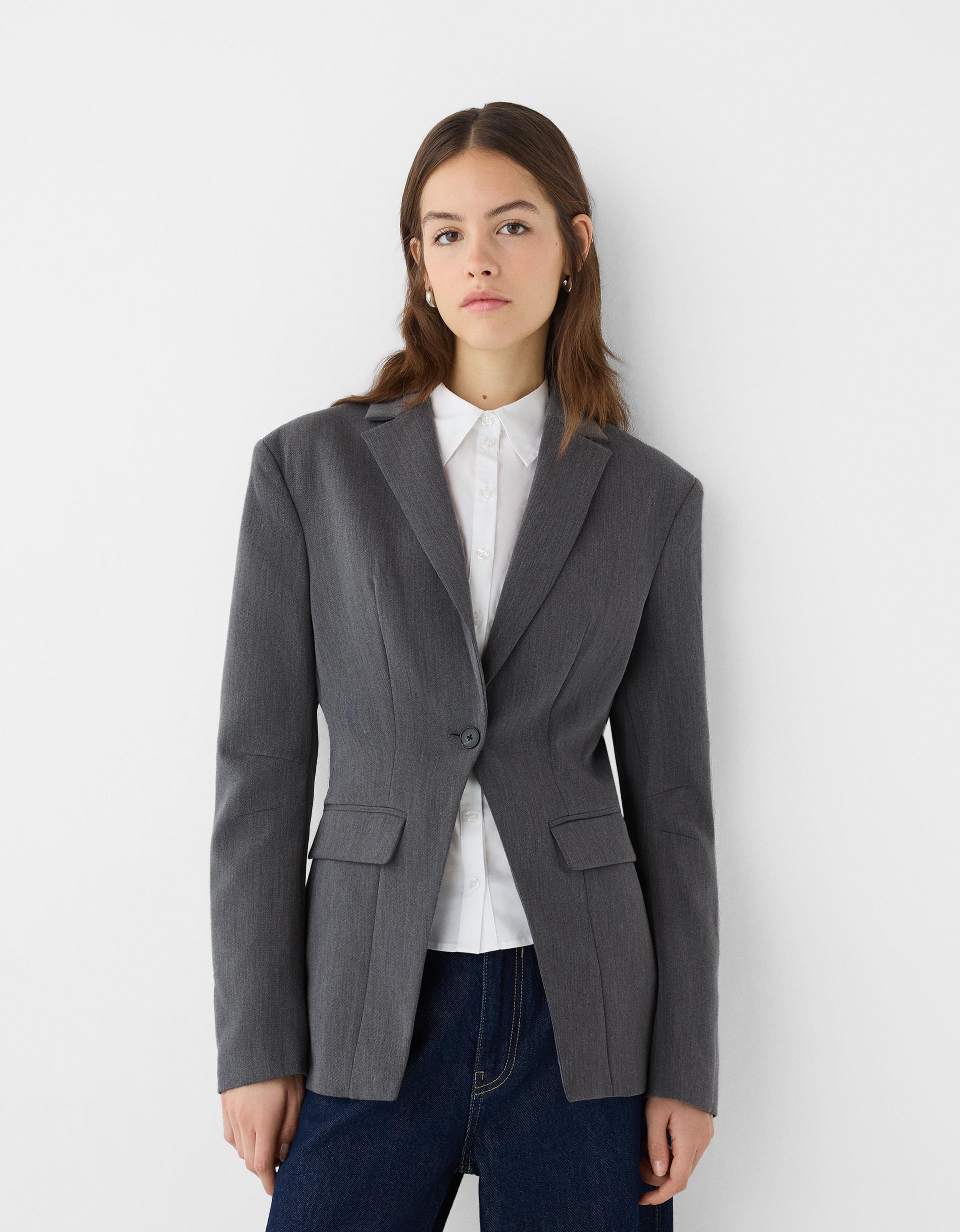 Bershka Figurbetonter Blazer Mit Taschen Damen Xs Grau