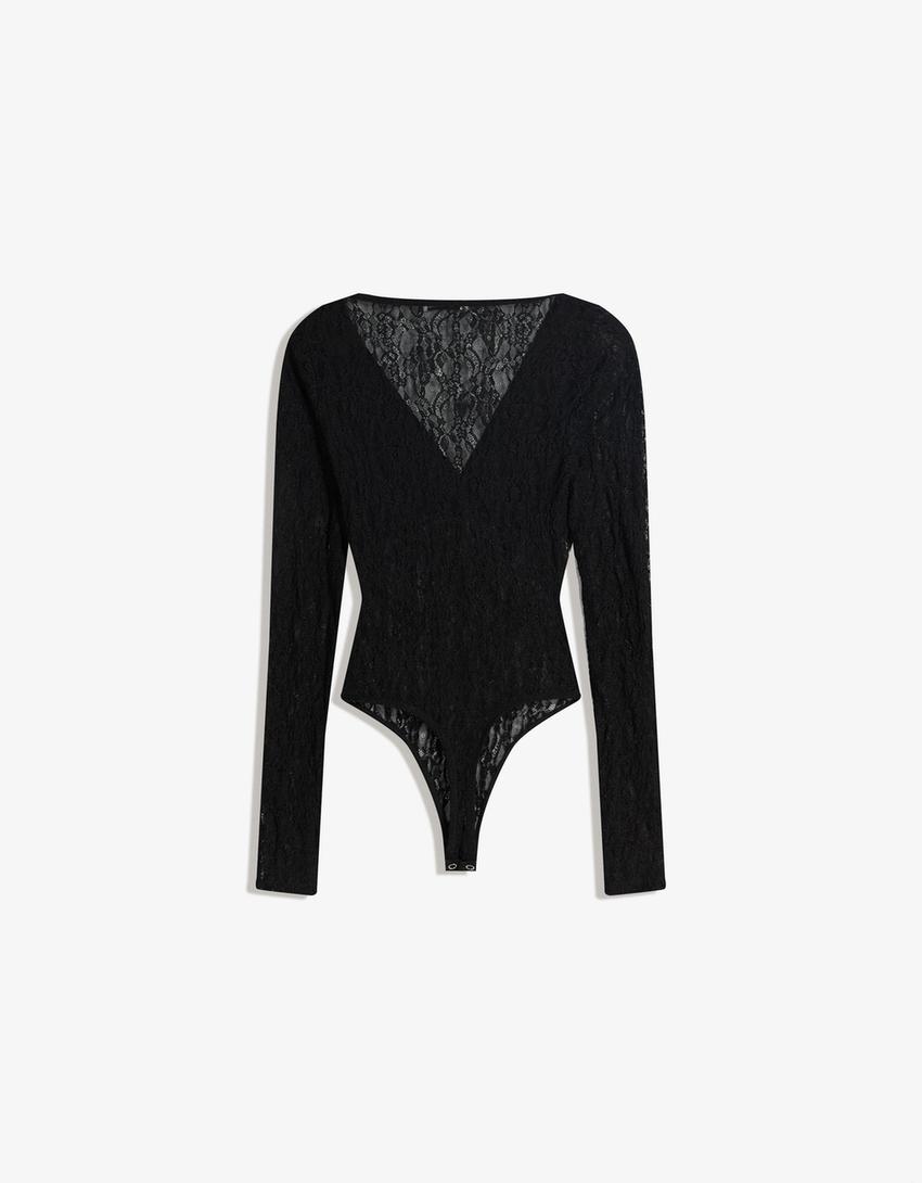 Uzun kollu dantel body-Siyah