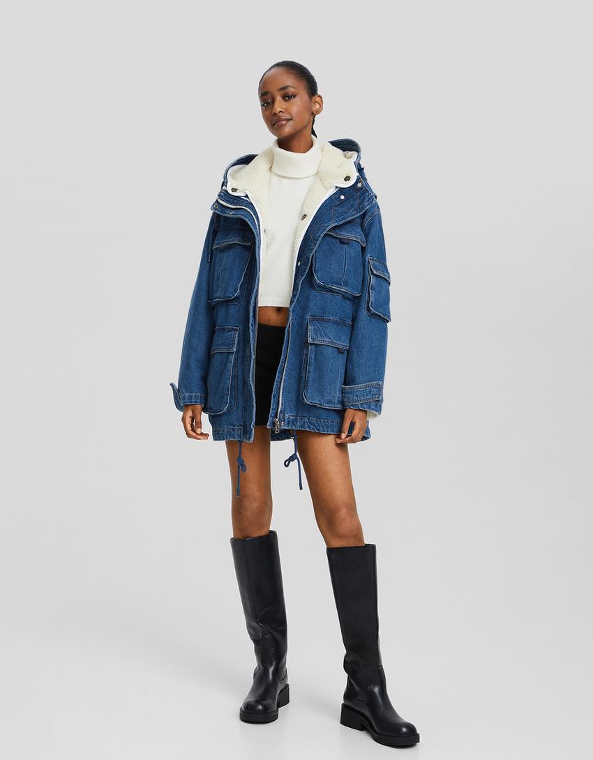 Parka comprida denim com forro com efeito de pelo encaracolado-Azul-3