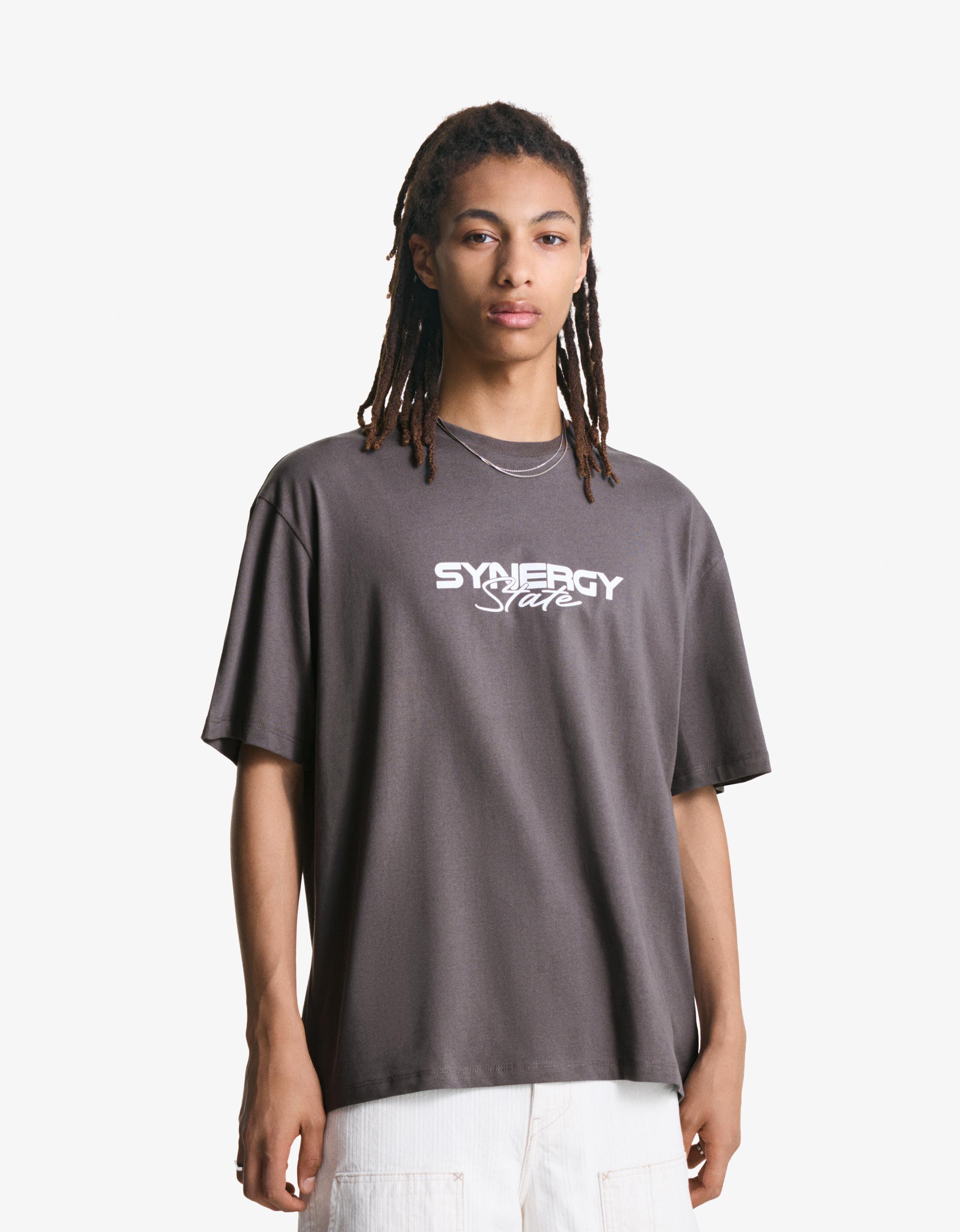 Bershka T-Shirt Mit Print Und Kurzen Ärmeln Herren L Dunkelgrau