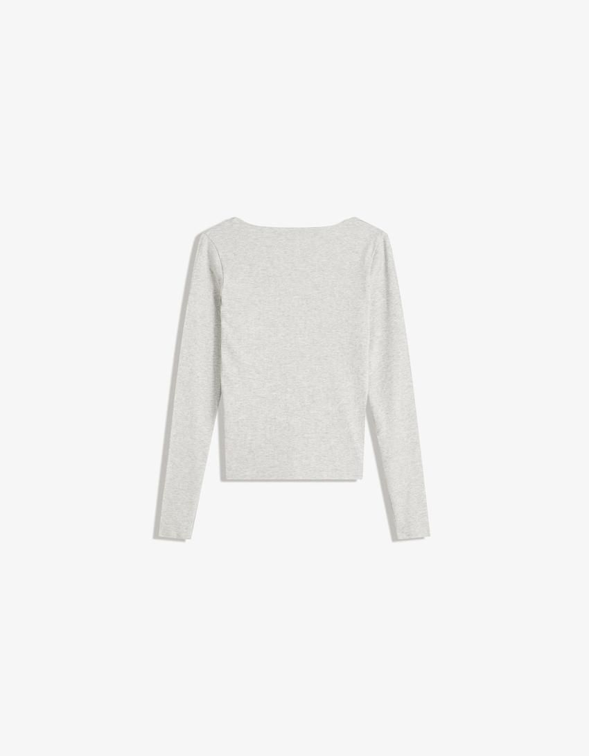 Camiseta manga larga cuello pico-Gris
