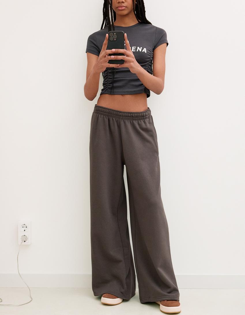 Pantalon super wide leg molleton-Gris-2