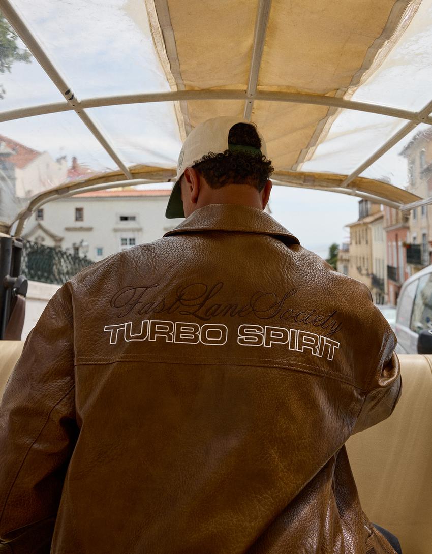 Leather effect embroidered jacket-Camel