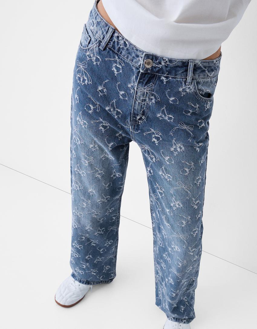Jacquard print baggy jeans-Light blue-5