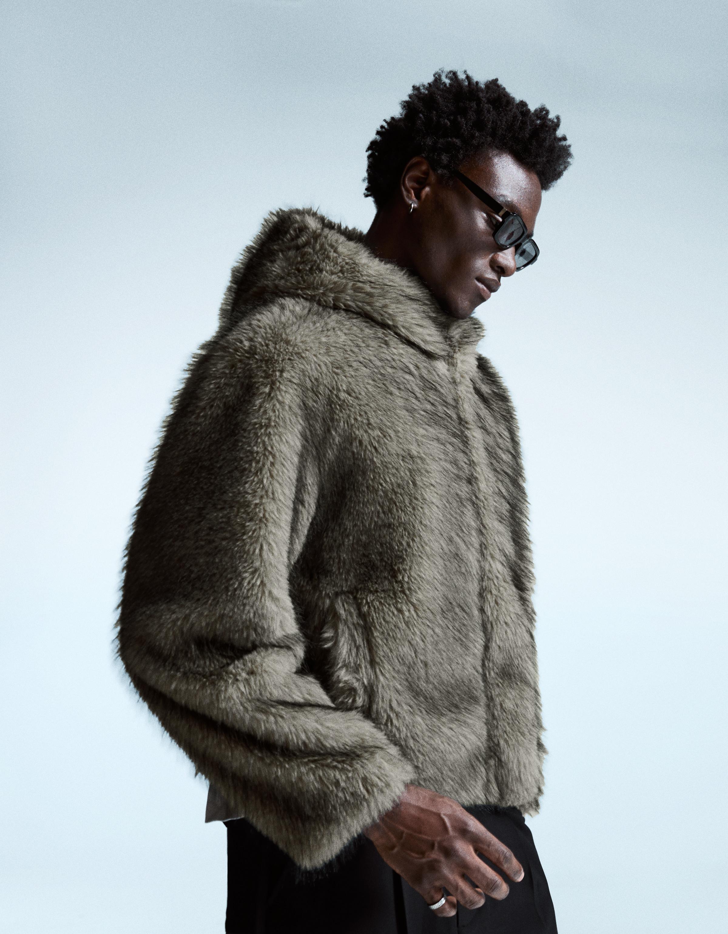 Bershka Kunstfelljacke Mit Kapuze Herren L Grau