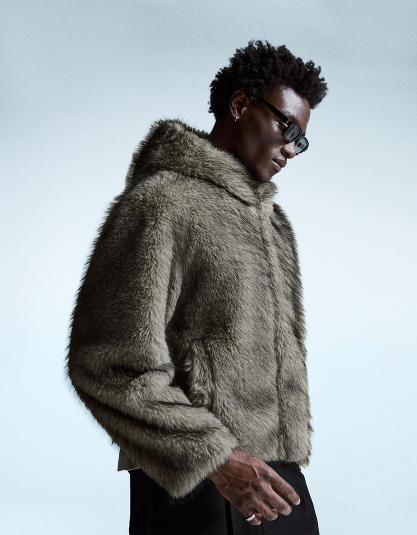 Hooded faux fur jacket Jackets and coats Men Bershka