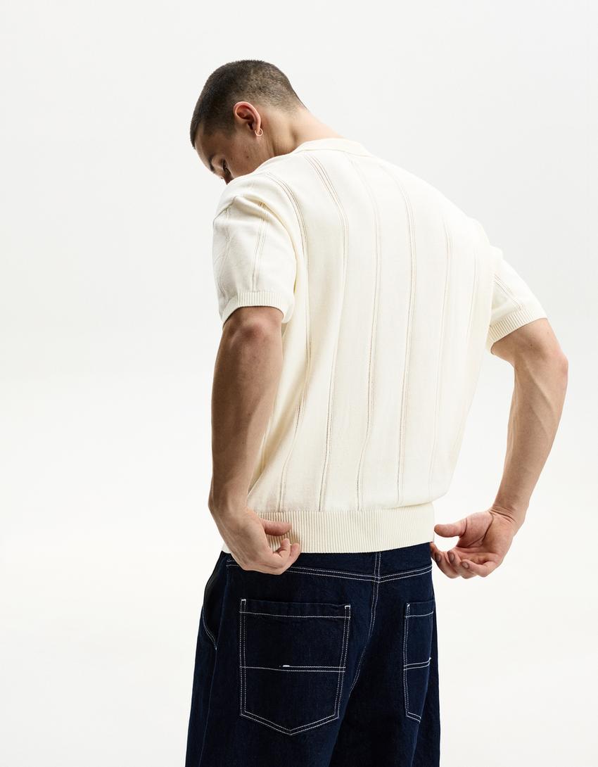Textured short sleeve polo shirt-Off white