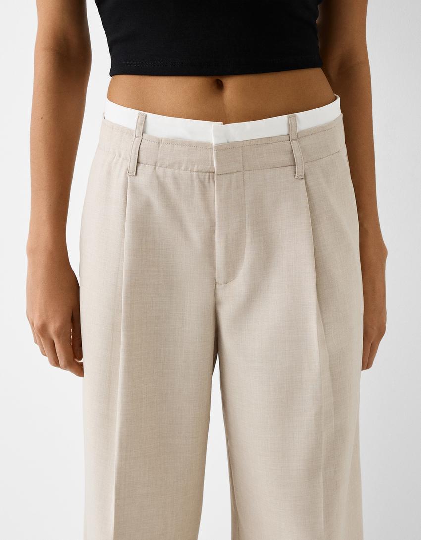 Wide-leg tailored fit trousers with contrast waist detail-Camel