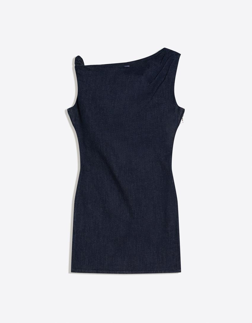 Mini off-shoulder denim dress-Navy