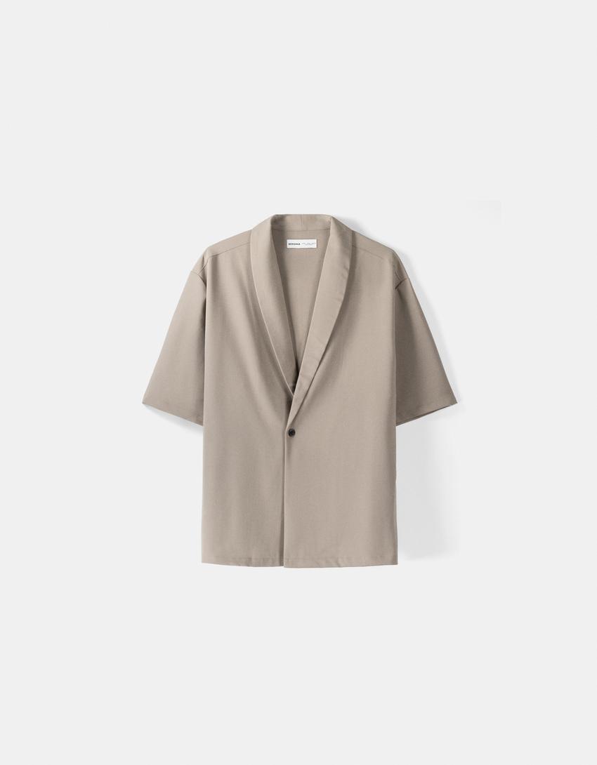 قميص محبوك متداخل بقصة مربعة وأكمام قصيرة-رملي-3