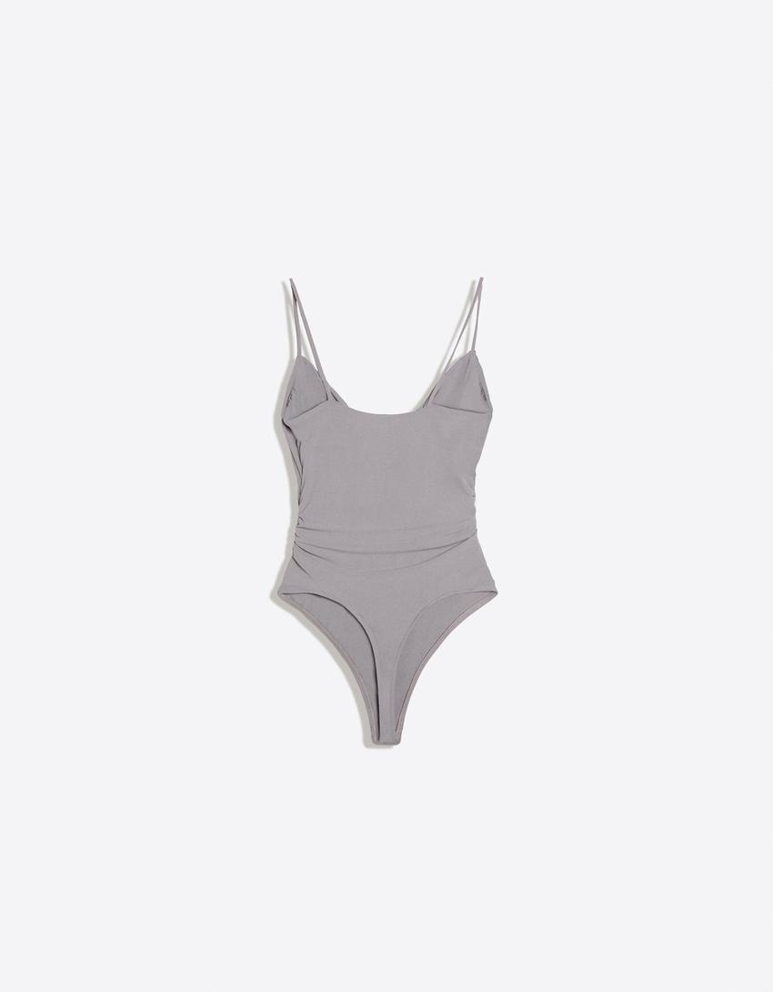Strappy draped bodysuit-Grey