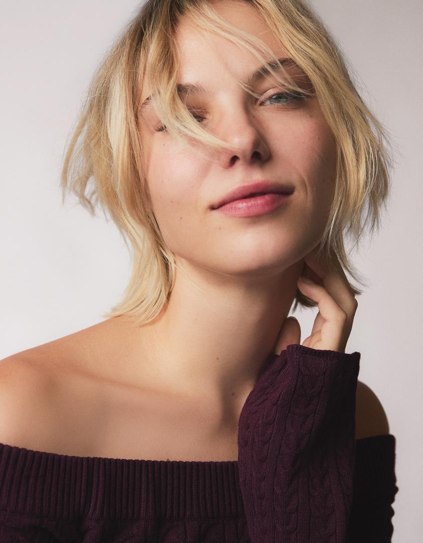 Örgü bardot yaka kazak-Bordo