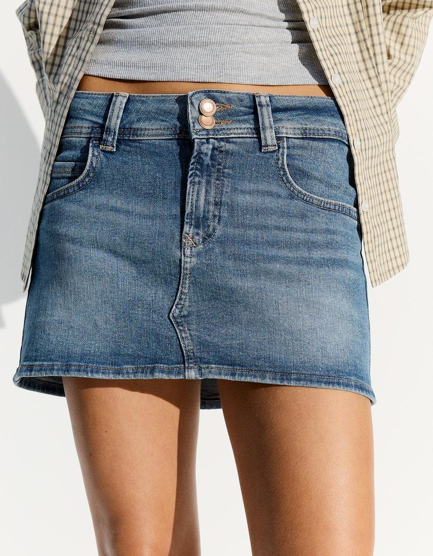 Falda pantalón denim mini elástico-Azul lavado