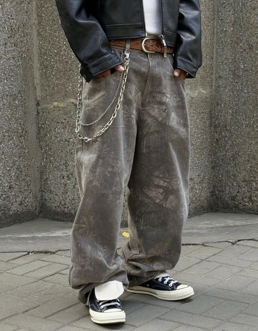 Celana panjang bergambar super baggy-Abu-abu gelap