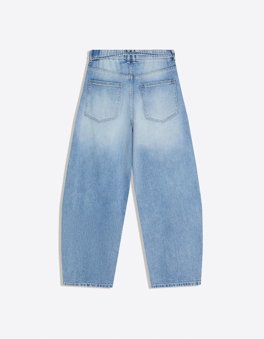 Jeans barrel fit taille élastique-Bleu lavé