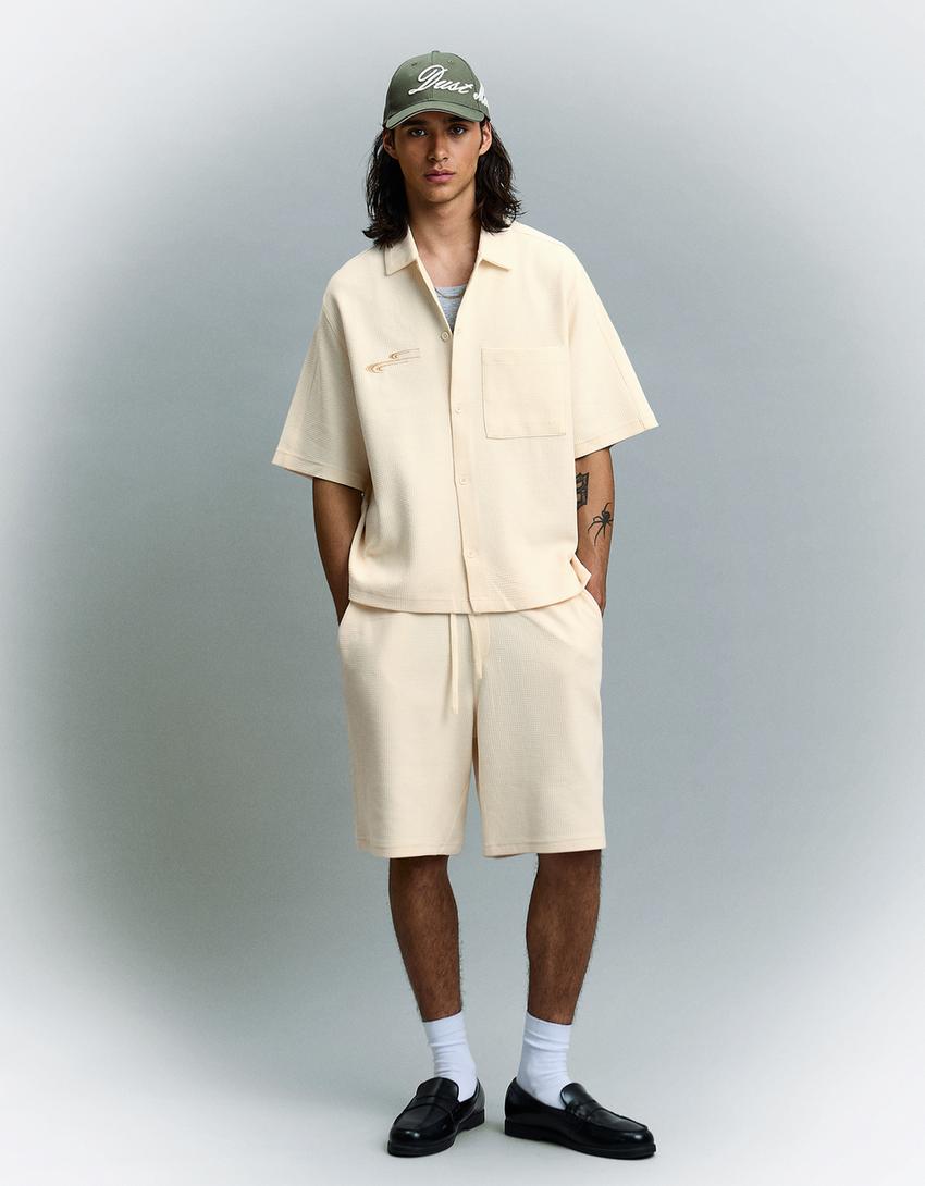 Waffle-knit short sleeve shirt-Off white