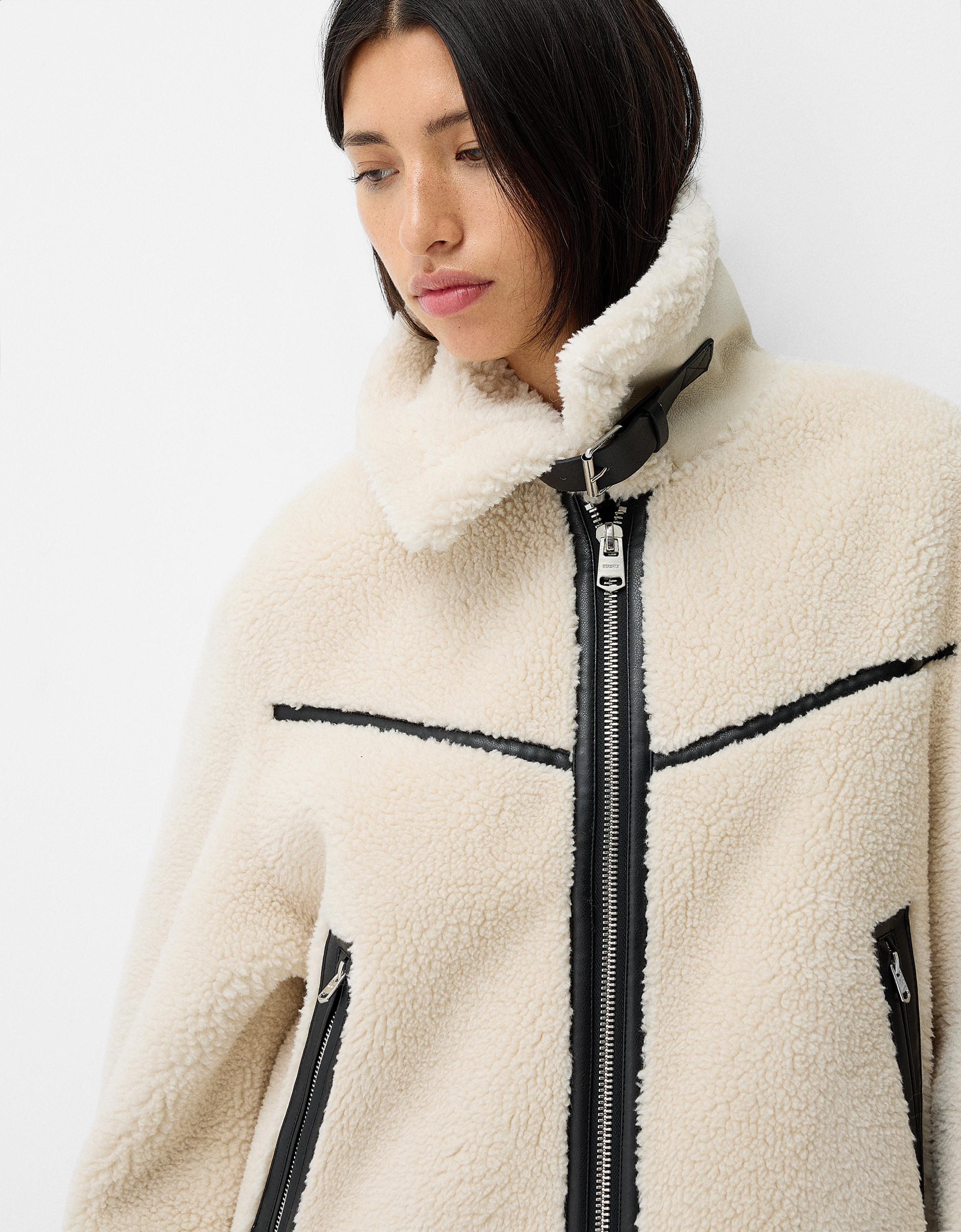 Shurling Coat Faux Fur Double-faced Jacket - Women | Bershka Black