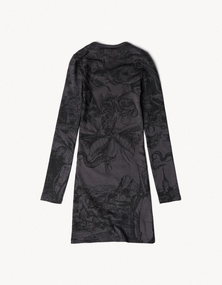 Uzun kollu ARIES X BERSHKA mini elbise-Koyu gri